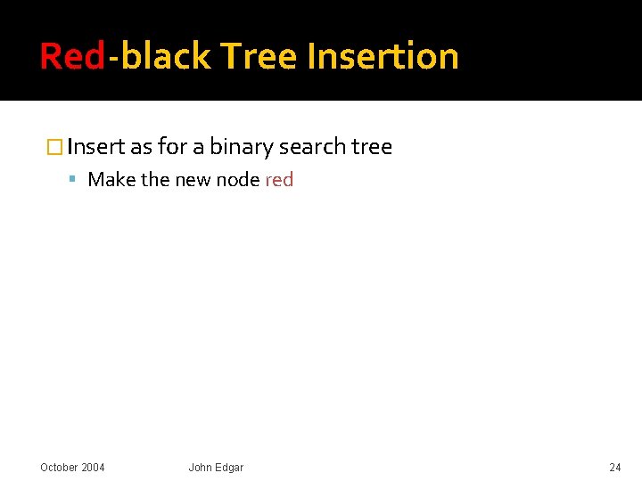 Red-black Tree Insertion � Insert as for a binary search tree Make the new