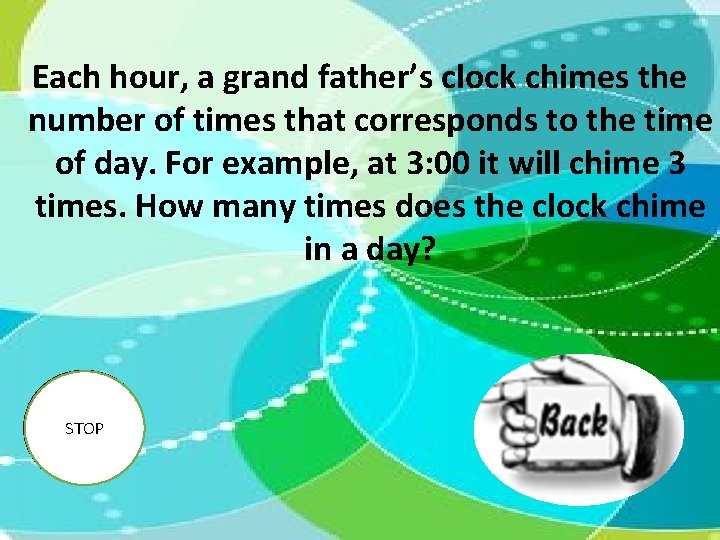 Each hour, a grand father’s clock chimes the number of times that corresponds to