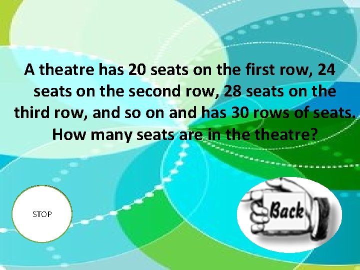 A theatre has 20 seats on the first row, 24 seats on the second