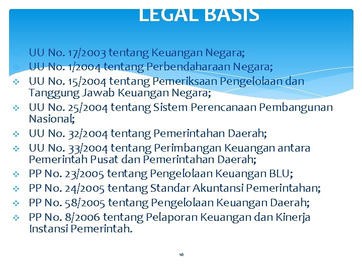 LEGAL BASIS v v v v v UU No. 17/2003 tentang Keuangan Negara; UU