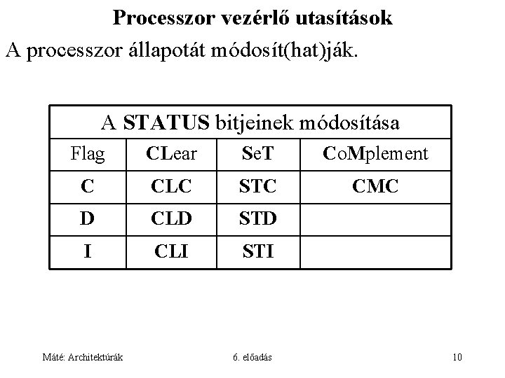 Processzor vezérlő utasítások A processzor állapotát módosít(hat)ják. A STATUS bitjeinek módosítása Flag CLear Se.