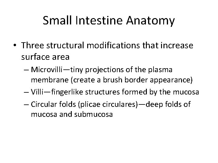 Small Intestine Anatomy • Three structural modifications that increase surface area – Microvilli—tiny projections