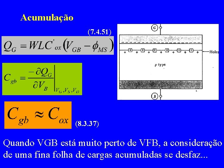 Acumulação (7. 4. 51) (8. 3. 37) Quando VGB está muito perto de VFB,
