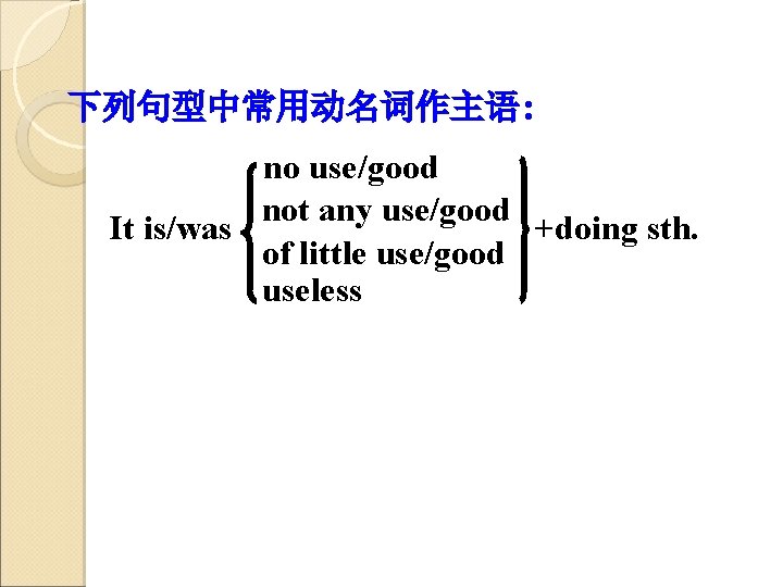 下列句型中常用动名词作主语: no use/good not any use/good It is/was +doing sth. of little use/good useless