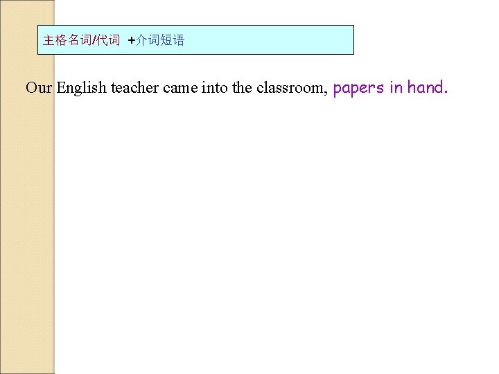 主格名词/代词 +介词短语 Our English teacher came into the classroom, papers in hand. 