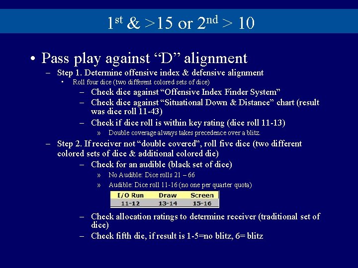 1 st & >15 or 2 nd > 10 • Pass play against “D”