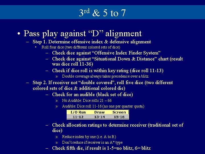 3 rd & 5 to 7 • Pass play against “D” alignment – Step