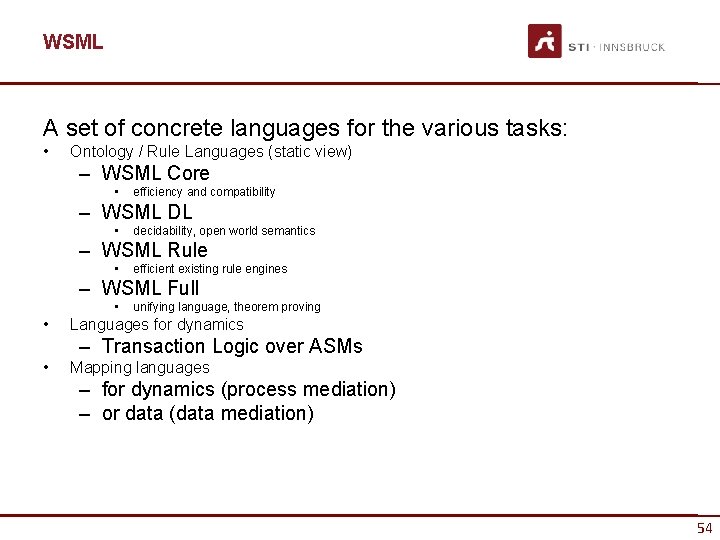 WSML A set of concrete languages for the various tasks: • Ontology / Rule