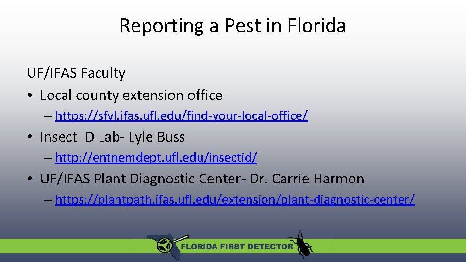 Reporting a Pest in Florida UF/IFAS Faculty • Local county extension office – https: