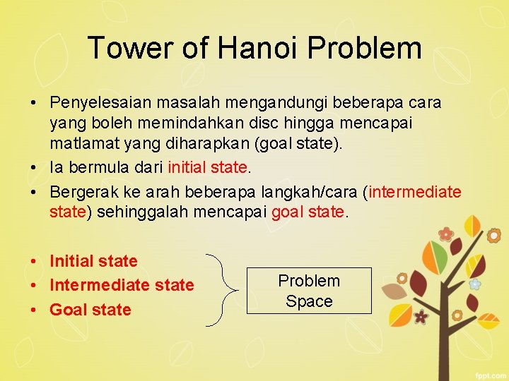 Tower of Hanoi Problem • Penyelesaian masalah mengandungi beberapa cara yang boleh memindahkan disc