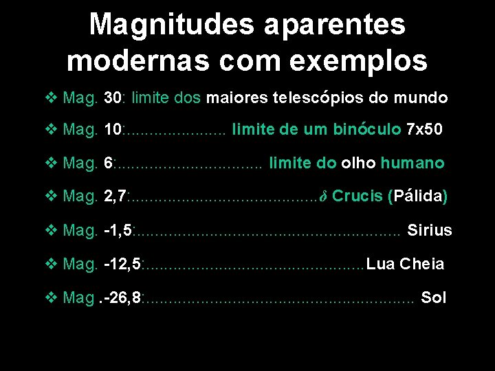 Magnitudes aparentes modernas com exemplos v Mag. 30: limite dos maiores telescópios do mundo