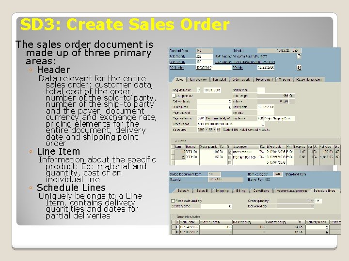 SD 3: Create Sales Order The sales order document is made up of three