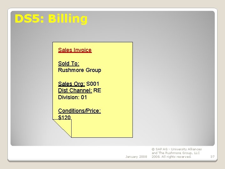DS 5: Billing Sales Invoice Sold To: Rushmore Group Sales Org: S 001 Dist