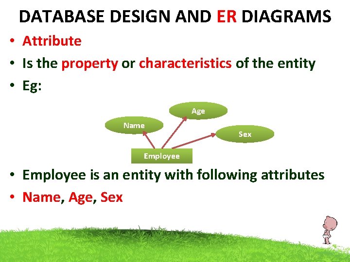 DATABASE DESIGN AND ER DIAGRAMS • Attribute • Is the property or characteristics of