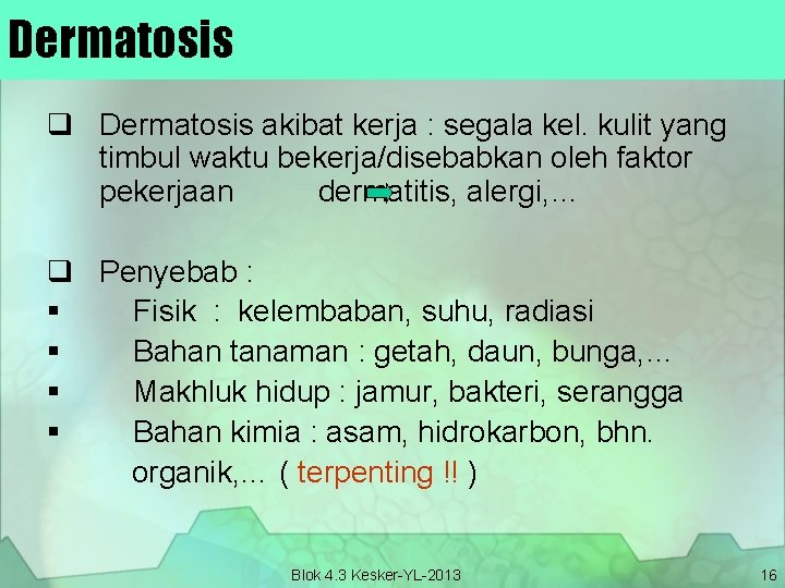 Dermatosis q Dermatosis akibat kerja : segala kel. kulit yang timbul waktu bekerja/disebabkan oleh