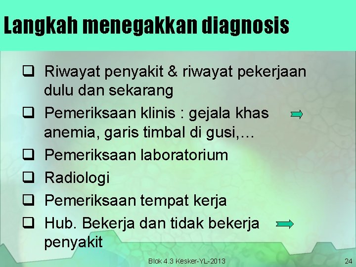 Langkah menegakkan diagnosis q Riwayat penyakit & riwayat pekerjaan dulu dan sekarang q Pemeriksaan