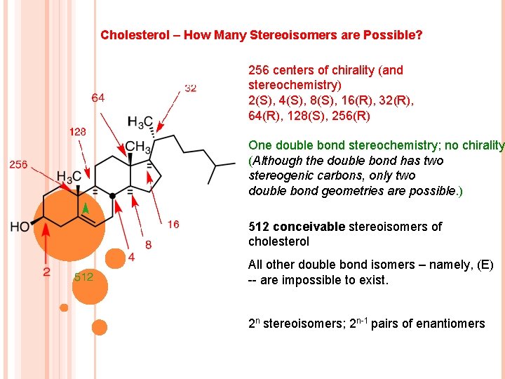 Cholesterol – How Many Stereoisomers are Possible? 256 centers of chirality (and stereochemistry) 2(S),