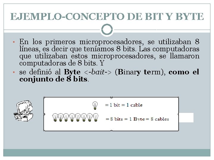 EJEMPLO-CONCEPTO DE BIT Y BYTE • En los primeros microprocesadores, se utilizaban 8 líneas,