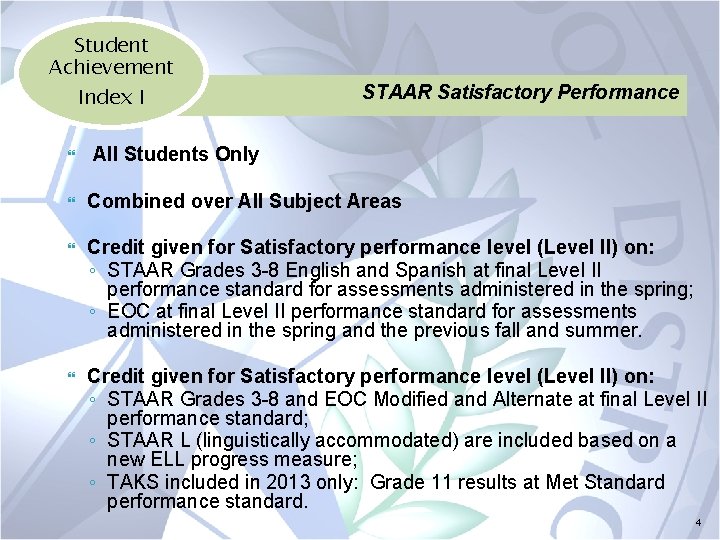 Student Achievement Index I STAAR Satisfactory Performance All Students Only Combined over All Subject