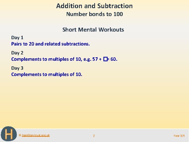 Addition and Subtraction Number bonds to 100 Short Mental Workouts Day 1 Pairs to