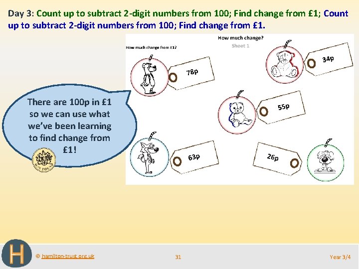 Day 3: Count up to subtract 2 -digit numbers from 100; Find change from