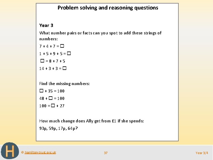 Problem solving and reasoning questions Year 3 What number pairs or facts can you