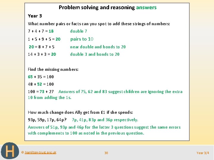 Problem solving and reasoning answers Year 3 What number pairs or facts can you