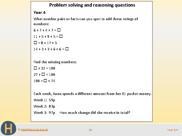 Problem solving and reasoning questions Year 4 What number pairs or facts can you