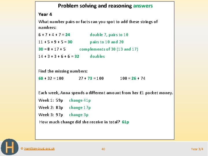 Problem solving and reasoning answers Year 4 What number pairs or facts can you