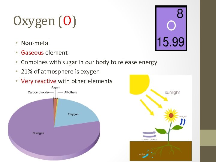 Oxygen (O) • • • Non-metal Gaseous element Combines with sugar in our body