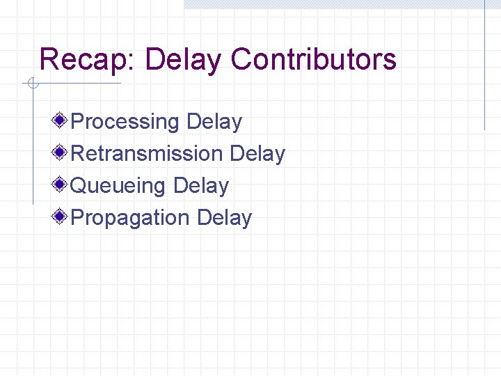 Recap: Delay Contributors Processing Delay Retransmission Delay Queueing Delay Propagation Delay 