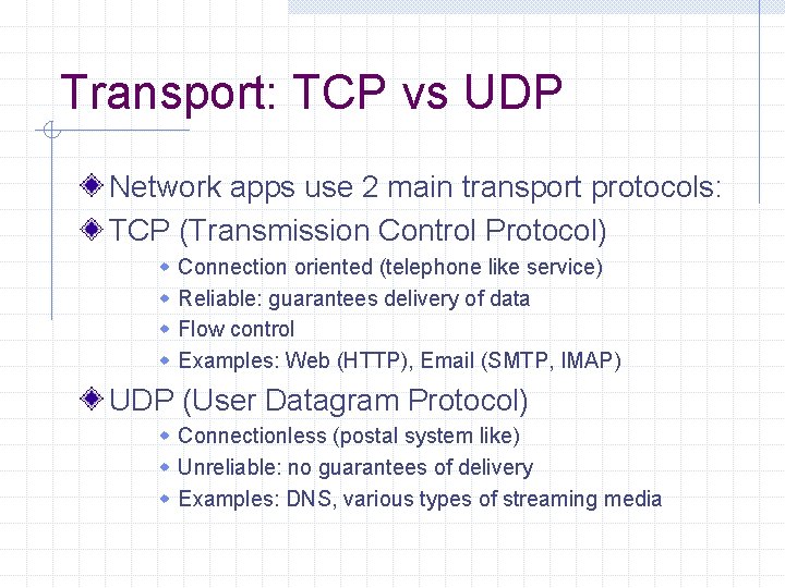 Transport: TCP vs UDP Network apps use 2 main transport protocols: TCP (Transmission Control