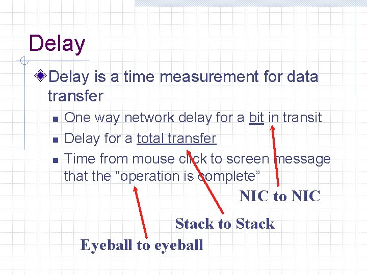 Delay is a time measurement for data transfer n n n One way network