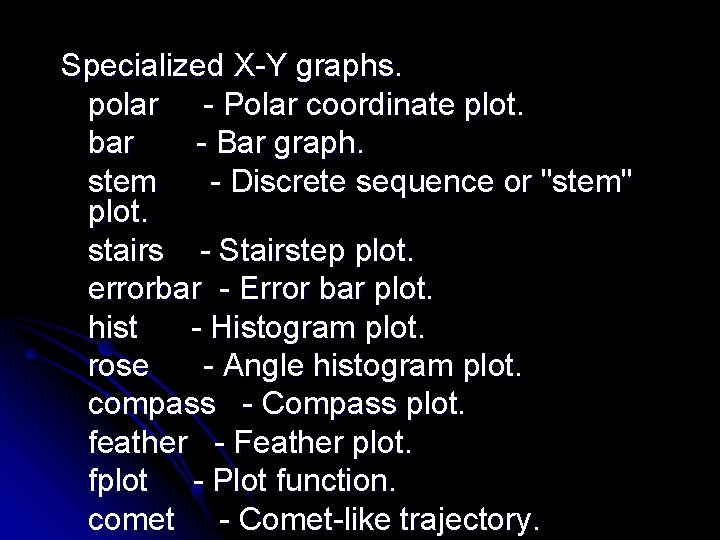 Specialized X-Y graphs. polar - Polar coordinate plot. bar - Bar graph. stem -