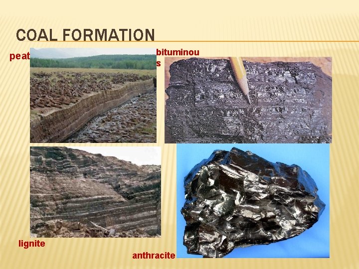 COAL FORMATION peat bituminou s lignite anthracite  COAL FORMATION peat bituminou s lignite anthracite