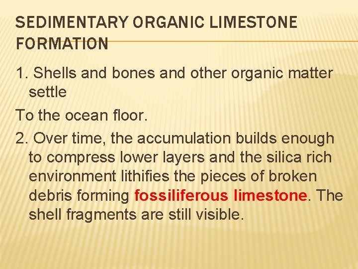 SEDIMENTARY ORGANIC LIMESTONE FORMATION 1. Shells and bones and other organic matter settle To SEDIMENTARY ORGANIC LIMESTONE FORMATION 1. Shells and bones and other organic matter settle To