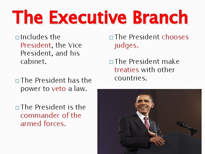 The Executive Branch � Includes the President, the Vice President, and his cabinet. �