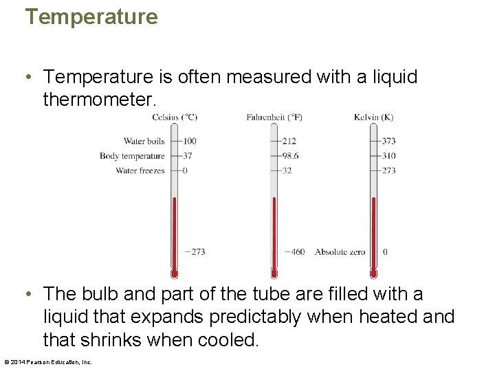 Temperature • Temperature is often measured with a liquid thermometer. • The bulb and