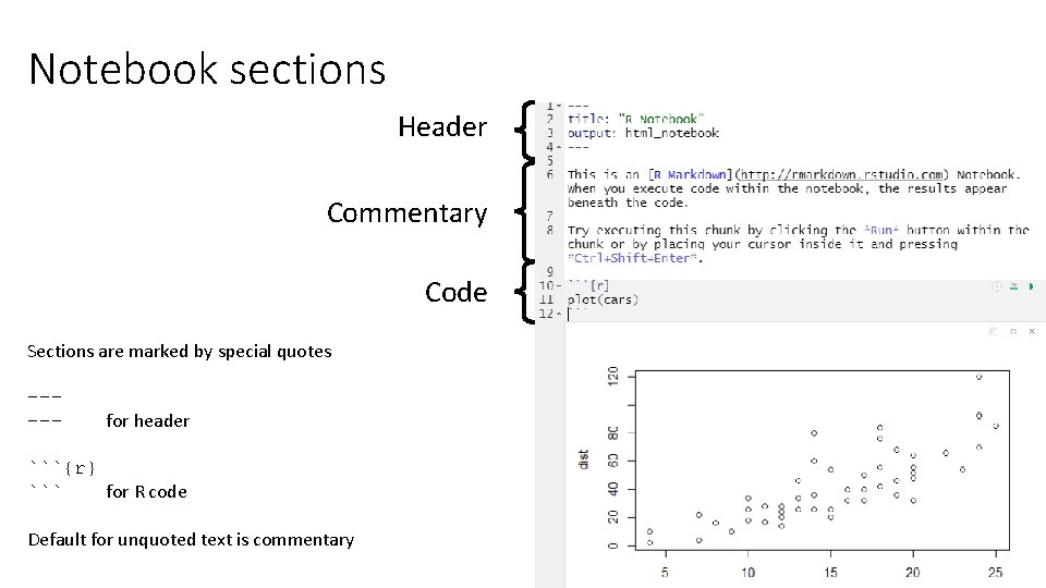 Notebook sections Header Commentary Code Sections are marked by special quotes ----- for header