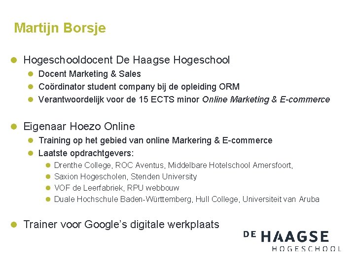 Martijn Borsje l Hogeschooldocent De Haagse Hogeschool l Docent Marketing & Sales l Coördinator