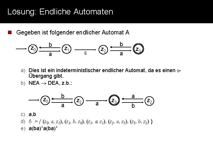 Lösung: Endliche Automaten n Gegeben ist folgender endlicher Automat A b z 0 a