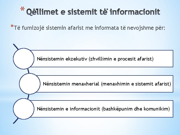 * *Të furnizojë sistemin afarist me informata të nevojshme për: Nënsistemin ekzekutiv (zhvillimin e