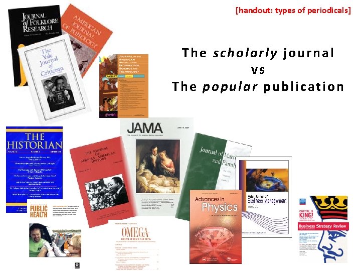 [handout: types of periodicals] The scholarly journal vs The popular publication 