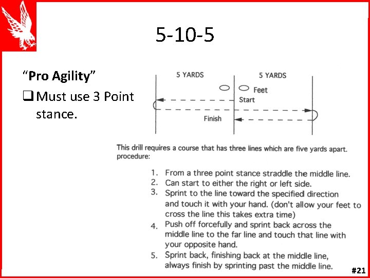 5 -10 -5 “Pro Agility” q Must use 3 Point stance. #21 