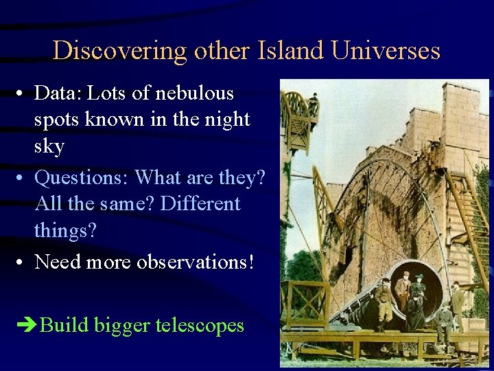 Discovering other Island Universes • Data: Lots of nebulous spots known in the night