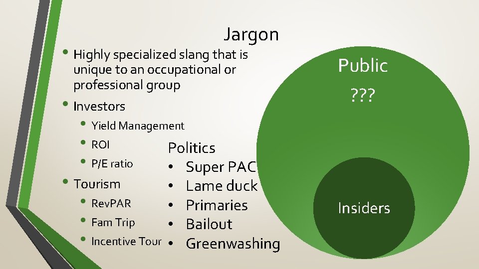 Jargon • Highly specialized slang that is unique to an occupational or professional group