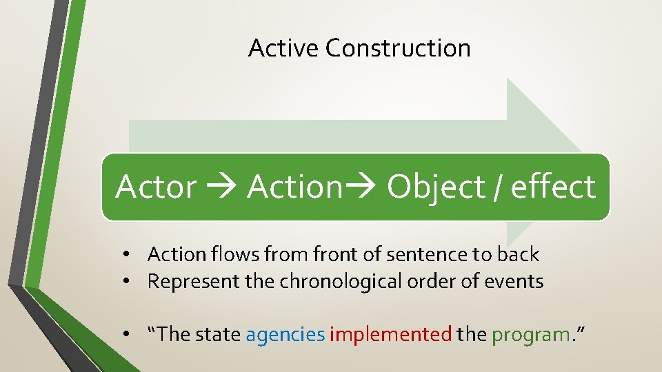 Active Construction Actor Action Object / effect • Action flows from front of sentence