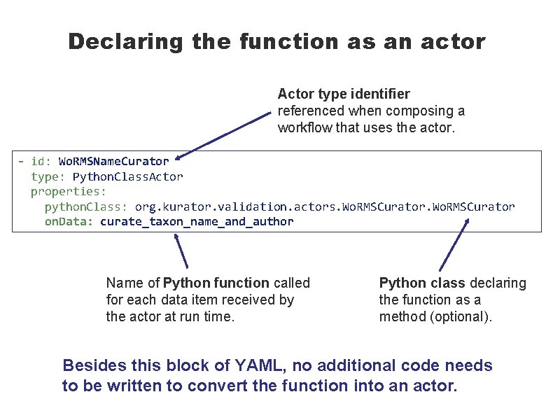 Declaring the function as an actor Actor type identifier referenced when composing a workflow