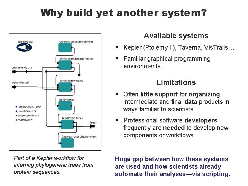 Why build yet another system? Available systems § § Kepler (Ptolemy II), Taverna, Vis.