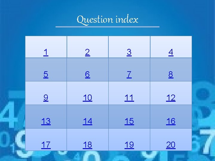 Question index 1 2 3 4 5 6 7 8 9 10 11 12